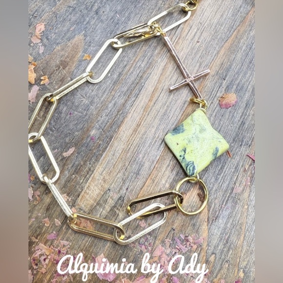 Gold and Green turquoise Cross Charm Bracelet - Picture 2 of 3